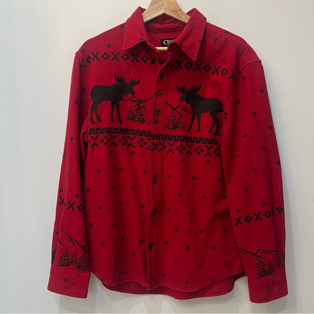 Chaps Mens Red Brushed Cotton Holiday Moose Button Down Shirt 100% Cotto…